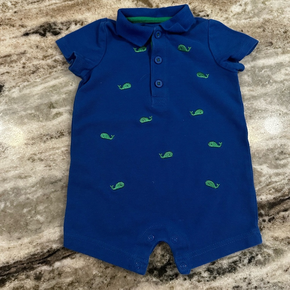 Little Me blue polo romper with green whale embroidery- size 9months